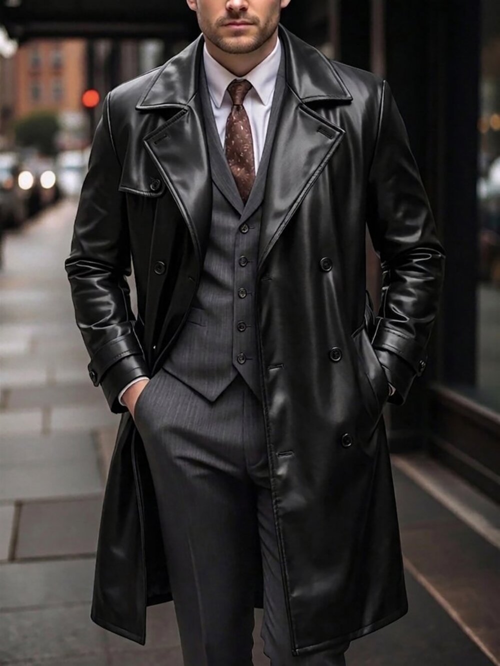 Black Business Commuting faux leather Men's Double Breasted Belted Trench Coat